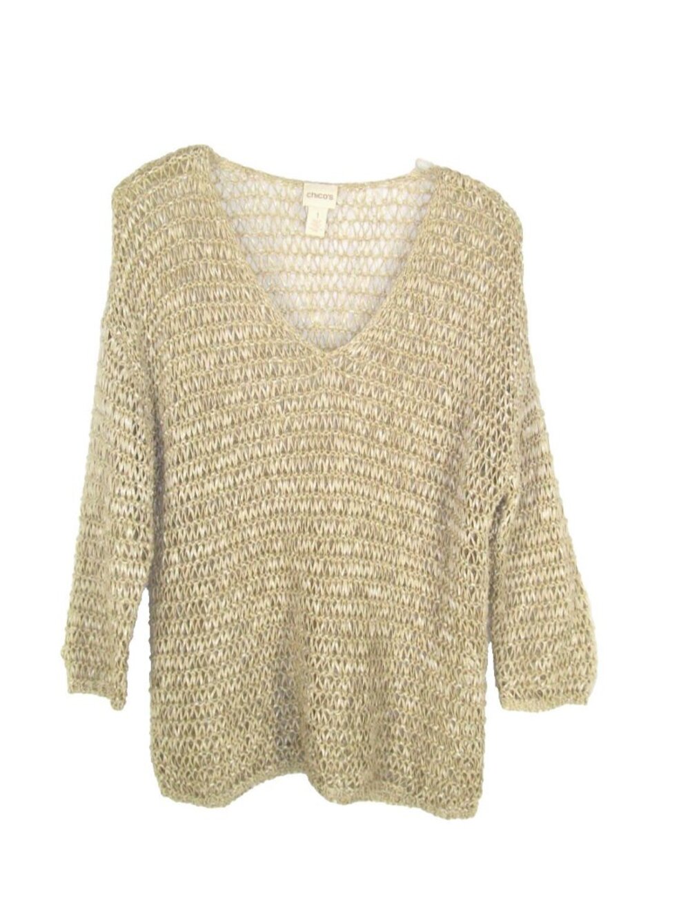 Chicos Sweater sz 1 M Ribbon Knit Open Weave Oatmeal Beige Vneck Layering Beachy